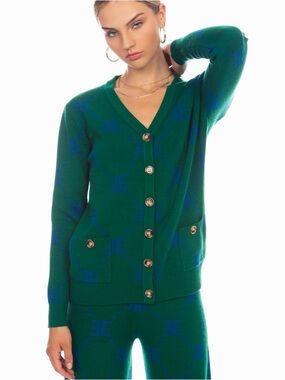 Ellandemm Monogram Green V-Neck Button Cardigan